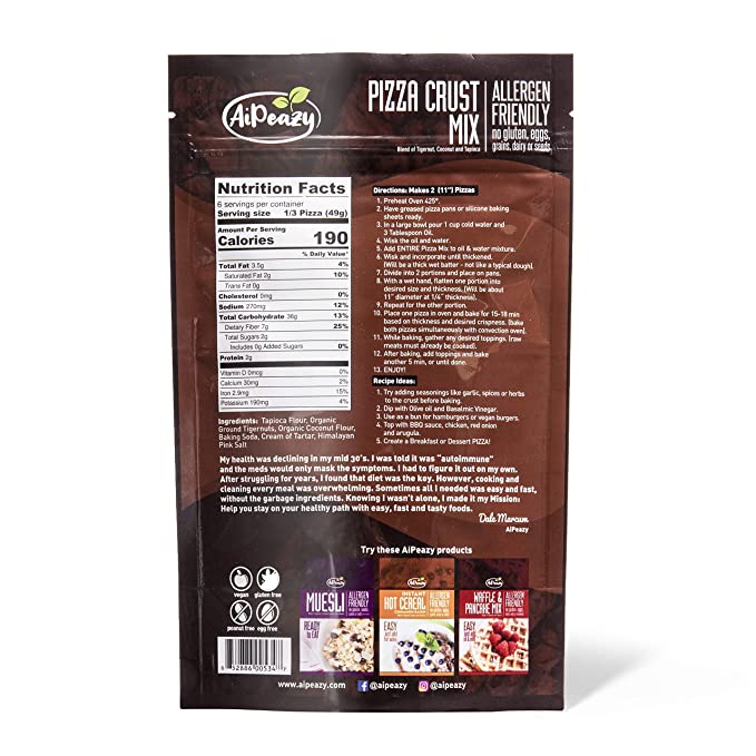 AiPeazy gluten free pizza crust mix preparation steps and nutrition facts.