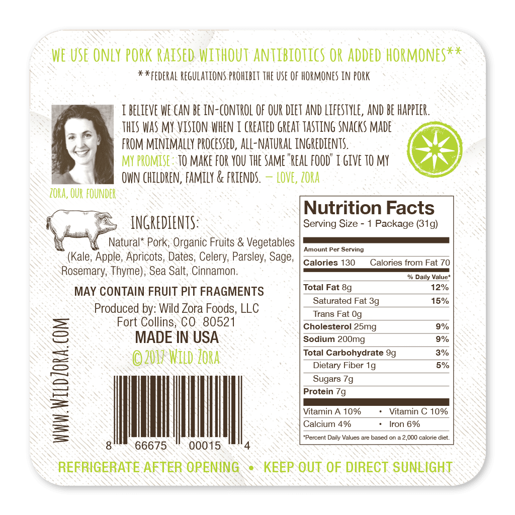 Back of Wild Zora Apple Pork Meat & Veggie Bar with nutrition facts, ingredients, and founder’s commitment to quality.