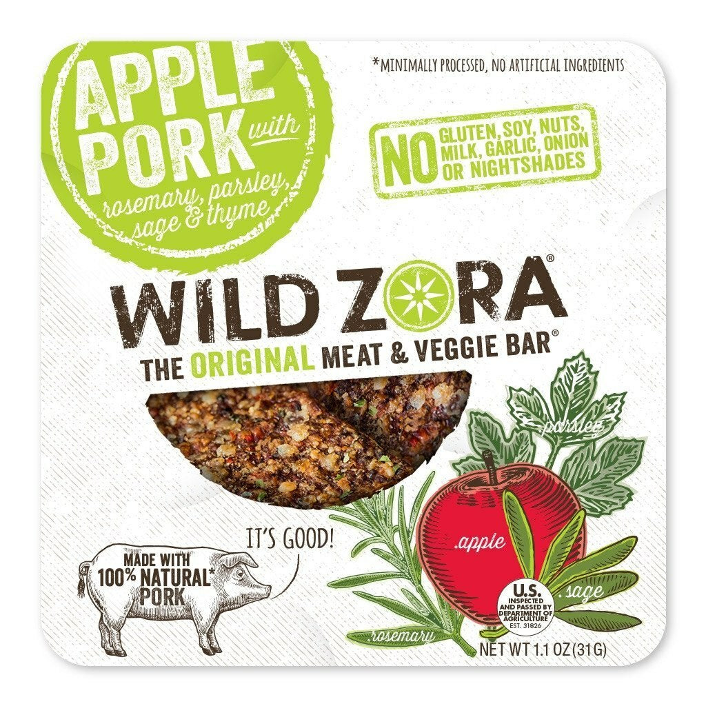Wild Zora Apple Pork Meat & Veggie Bar 1.1 oz wrapper front high protein snack.