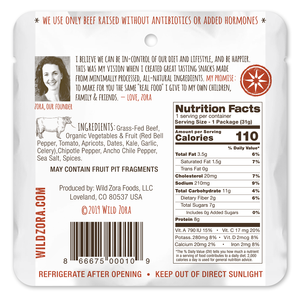 Back of Wild Zora Meat & Veggie Bar BBQ Beef 1.1 oz with nutrition facts, ingredients, and preparation details.