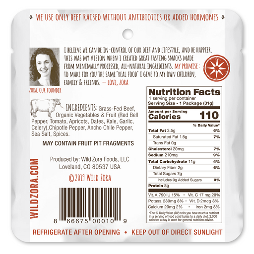 Back of Wild Zora Meat & Veggie Bar BBQ Beef 1.1 oz with nutrition facts, ingredients, and preparation details.