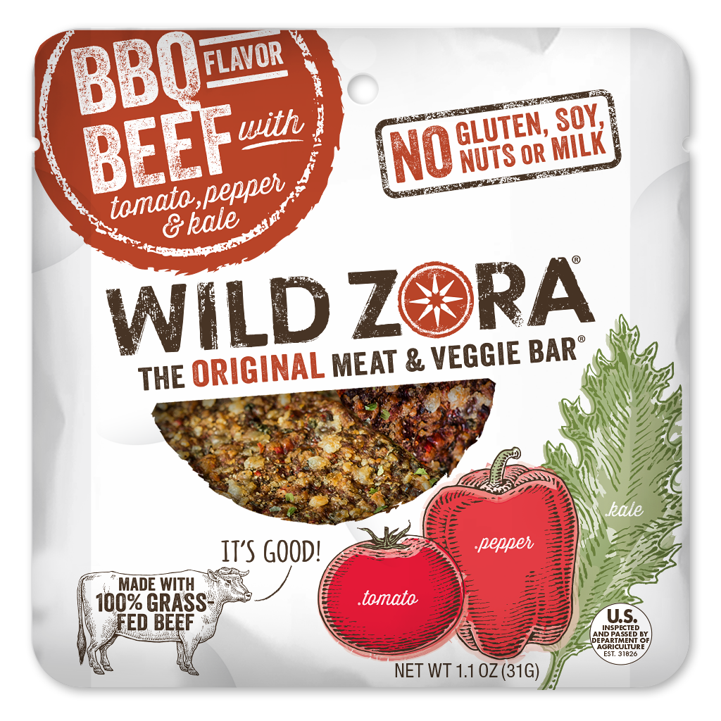 Front of Wild Zora Meat & Veggie Bar BBQ Beef 1.1 oz with 100% grass-fed beef, tomato, pepper, and kale.
