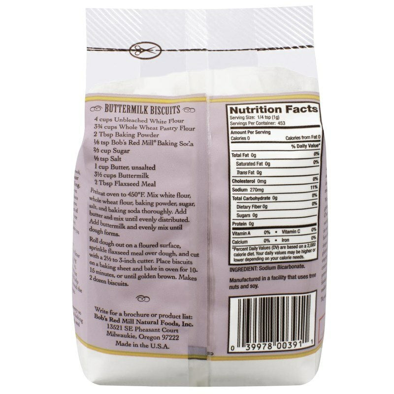 Bob's Red Mill // Baking soda nutrition facts and household usage directions.