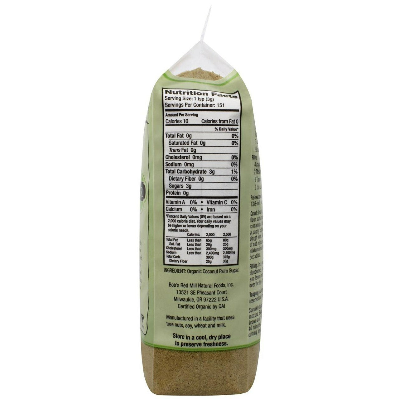 Bob's Red Mill // Organic coconut sugar nutrition facts and ingredient panel.