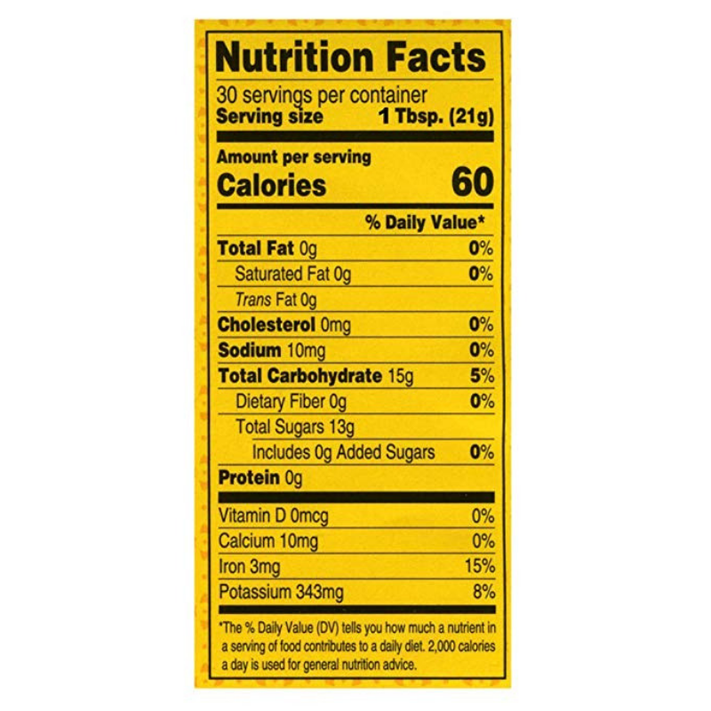 Organic unsulphured blackstrap molasses nutrition facts panel.