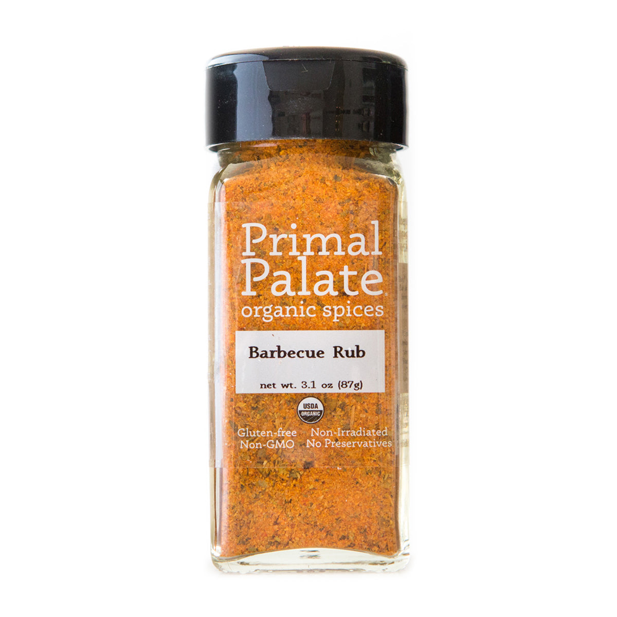 Primal Palate Barbecue Rub 3.1-oz jar front label bbq spice rub.