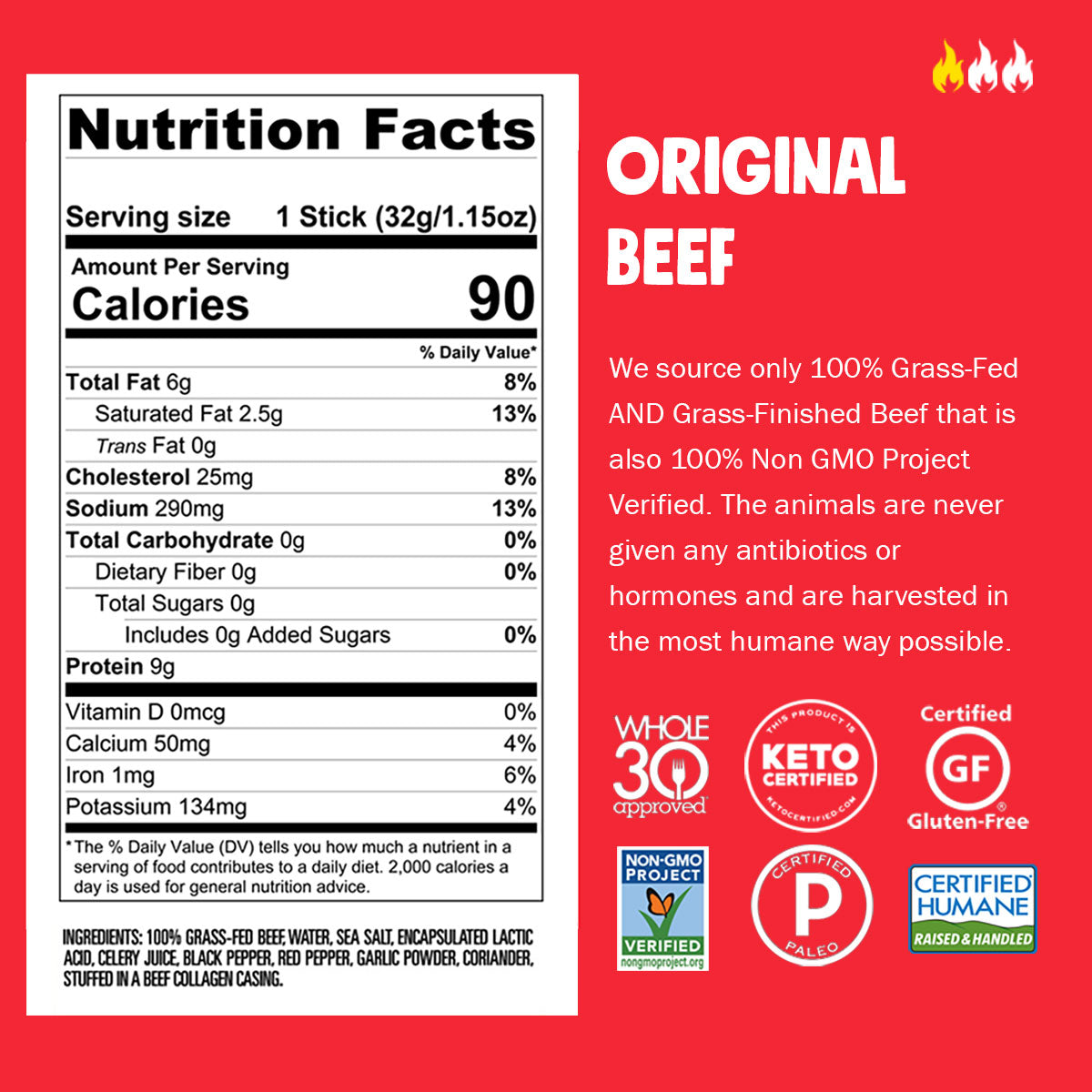 Chomps Original Beef Stick 1.15 oz| Grass fed beef stick nutrition facts panel.