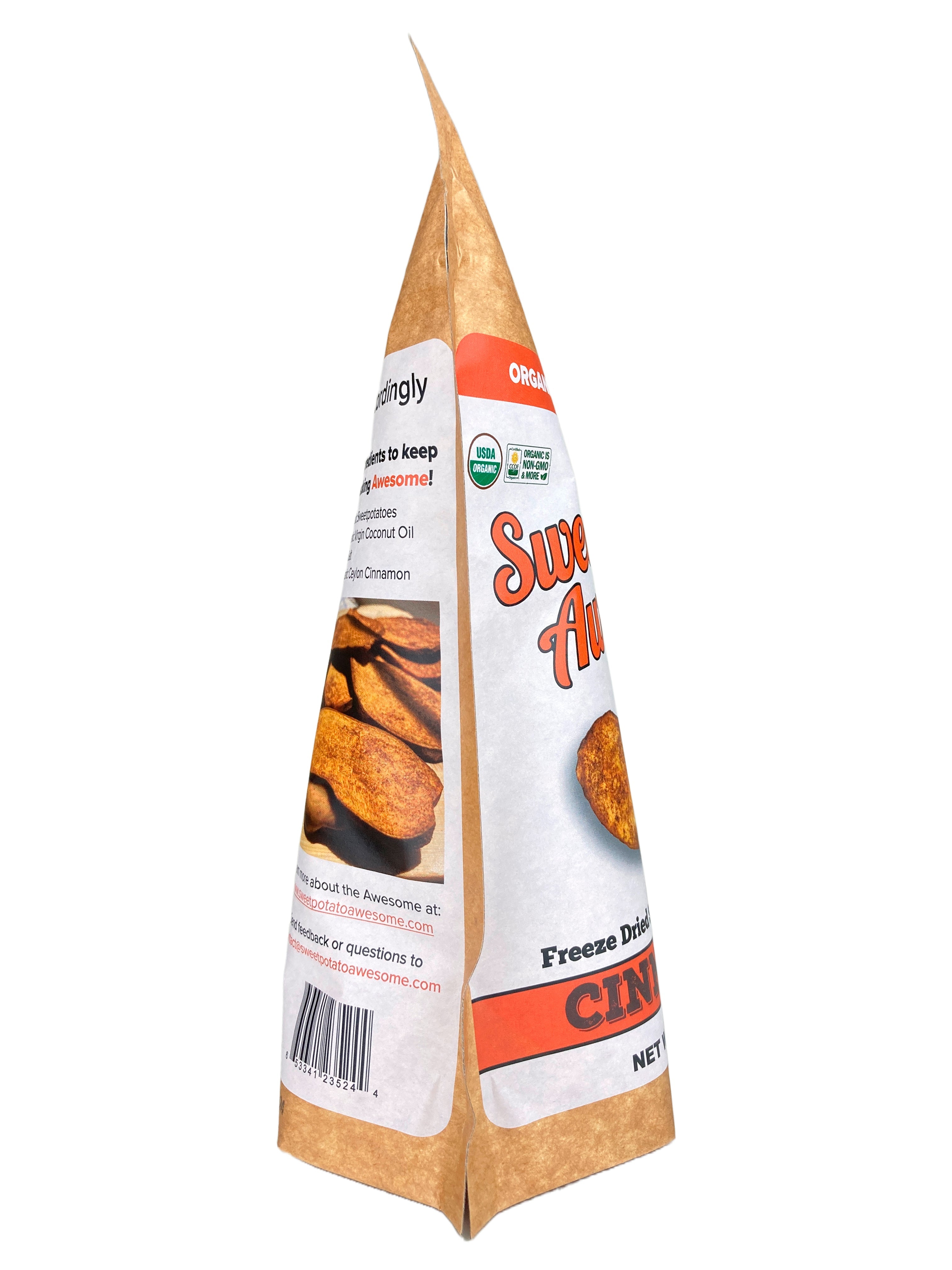 Sweetpotato Awesome Cinnamon 2 oz bag side view.