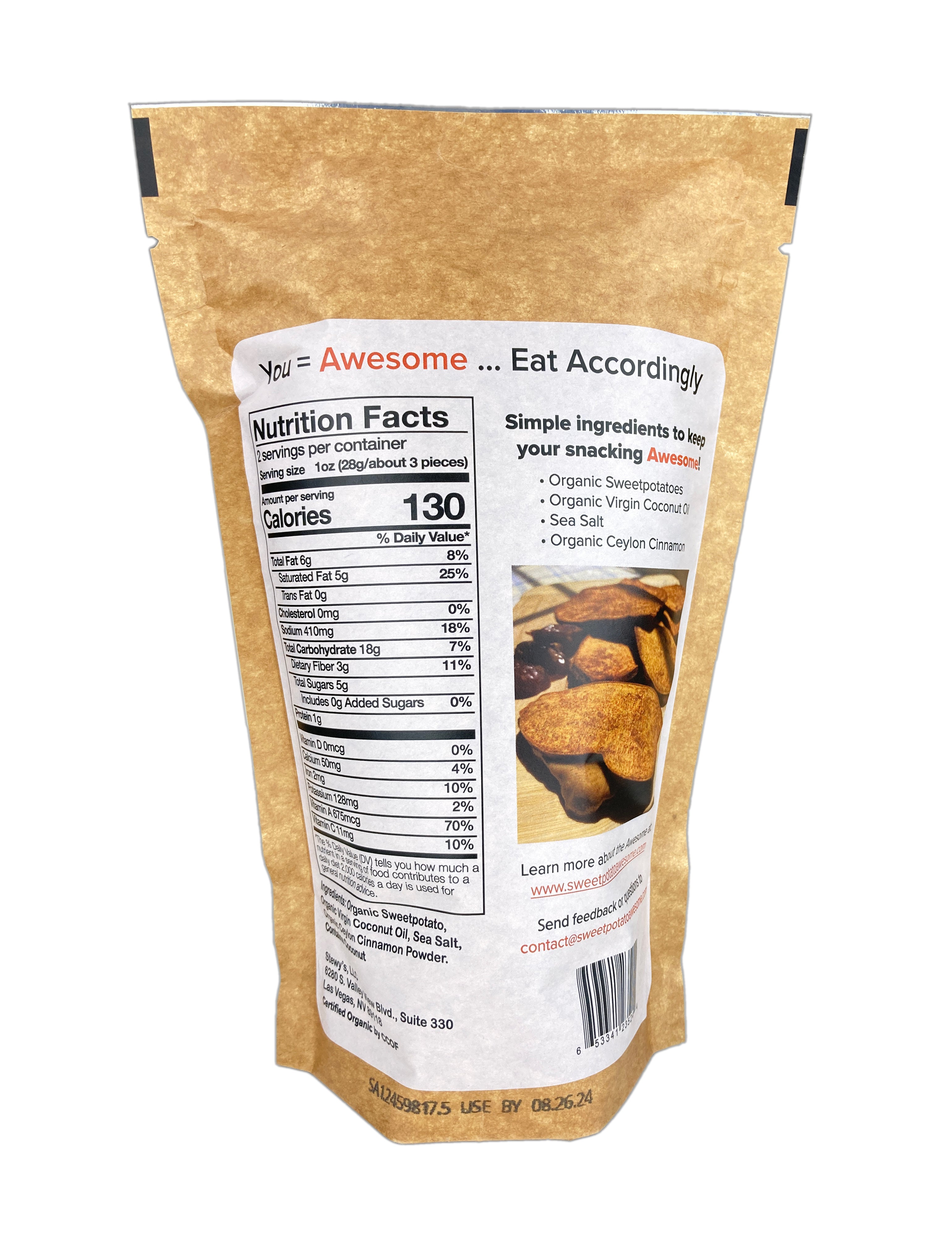 Sweetpotato Awesome Cinnamon 2 oz nutrition facts panel organic cinnamon.
