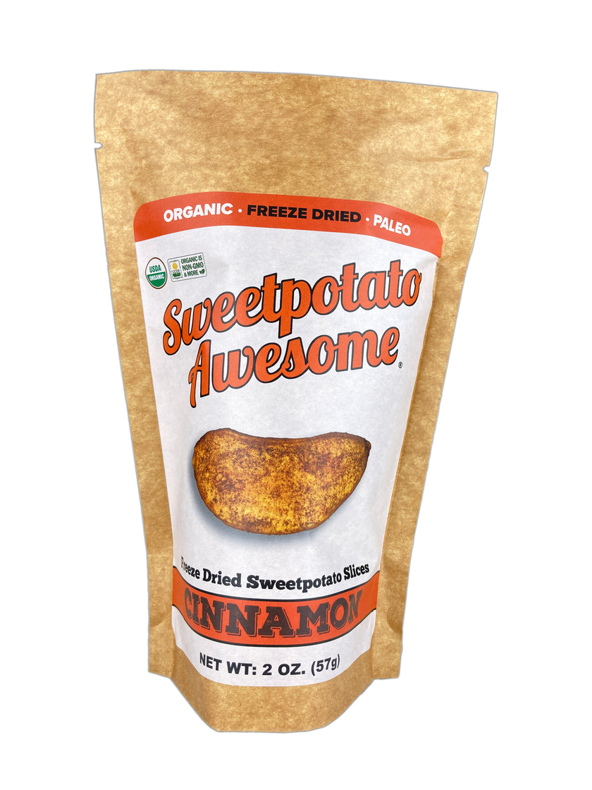 Sweetpotato Awesome Cinnamon 2 oz bag front label organic cinnamon snack.