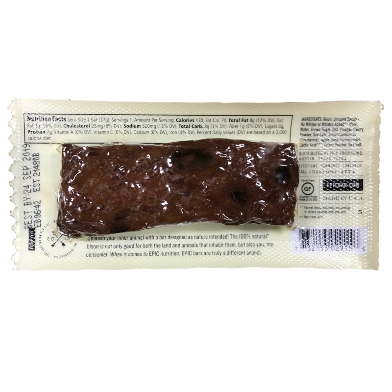 EPIC Bison Bacon Cranberry Bar nutrition facts and ingredients panel.