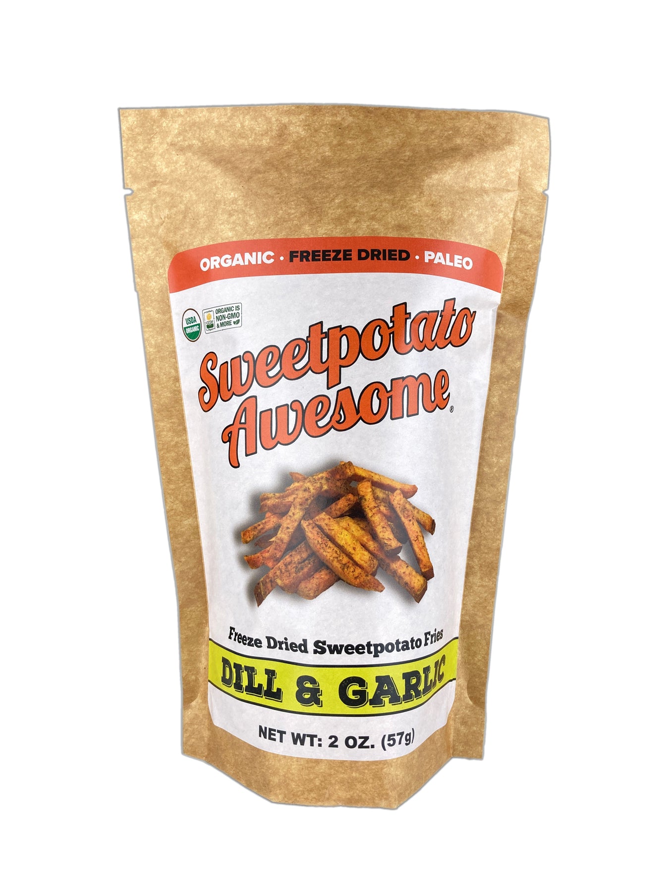 Sweetpotato Awesome Sea Salt Sweetpotato Fries 2 oz bag front label organic sweet potatoes fries.