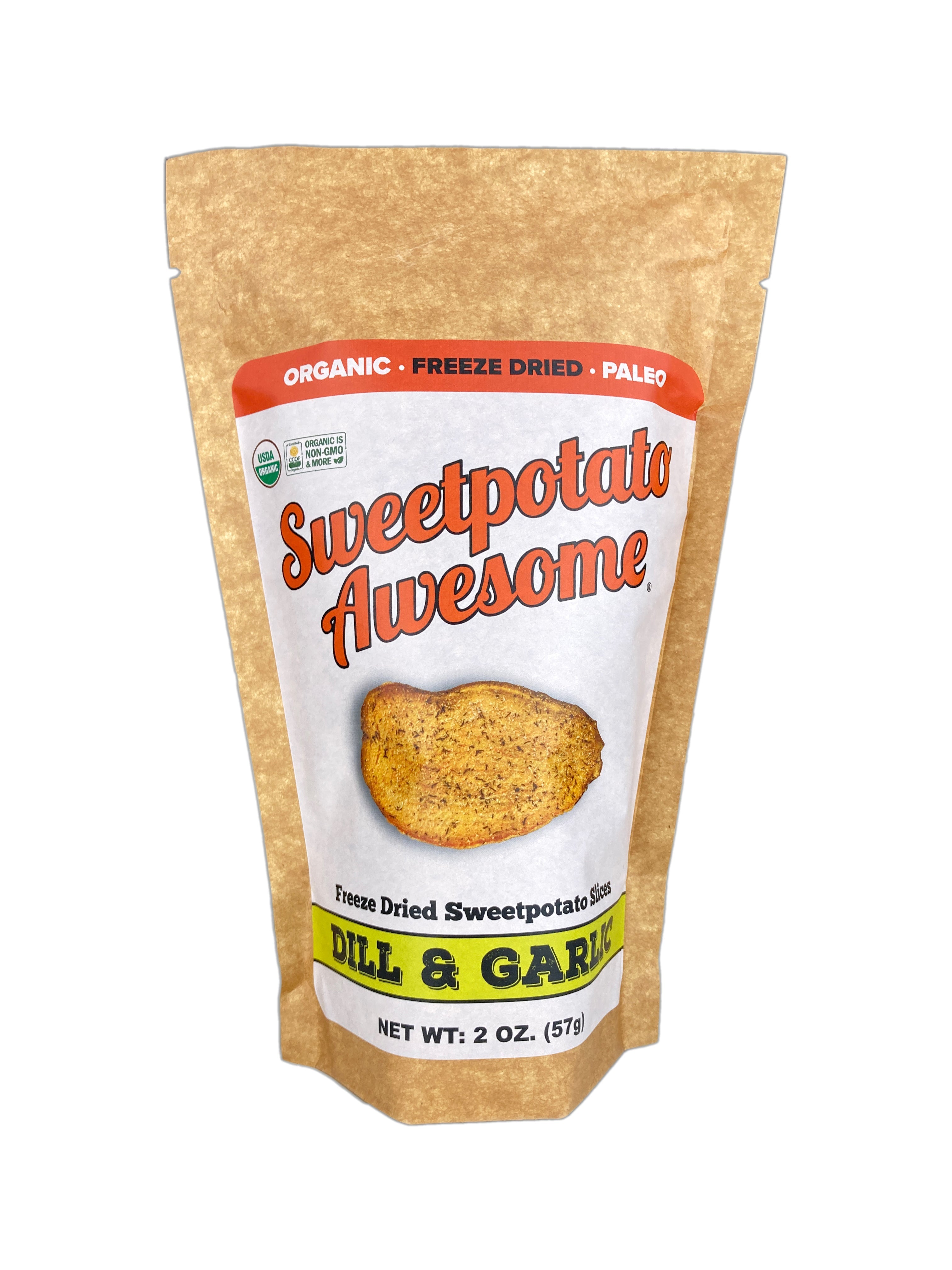 Sweetpotato Awesome Dill & Garlic Slices 2 oz bag front label organic sweet potatoes snack.