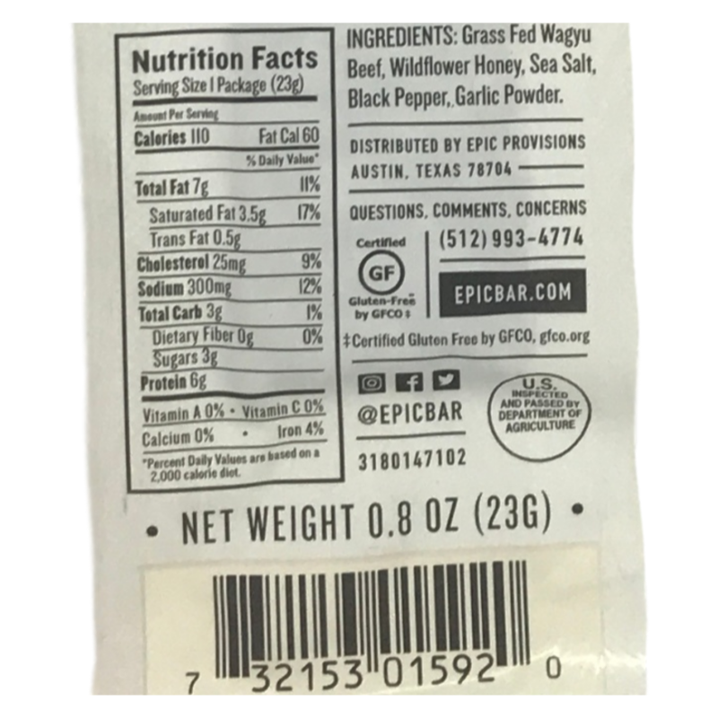 EPIC Wagyu Beef Steak Strip nutrition facts and ingredients panel.