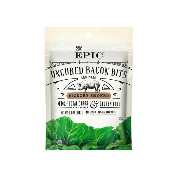 EPIC Uncured Hickory Smoked Bacon Bits 3-oz bag front label.