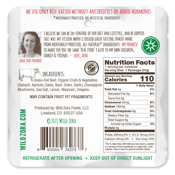 Back of Wild Zora Italian Beef Meat & Veggie Bar with nutrition facts, ingredients, and commitment to quality beef.
