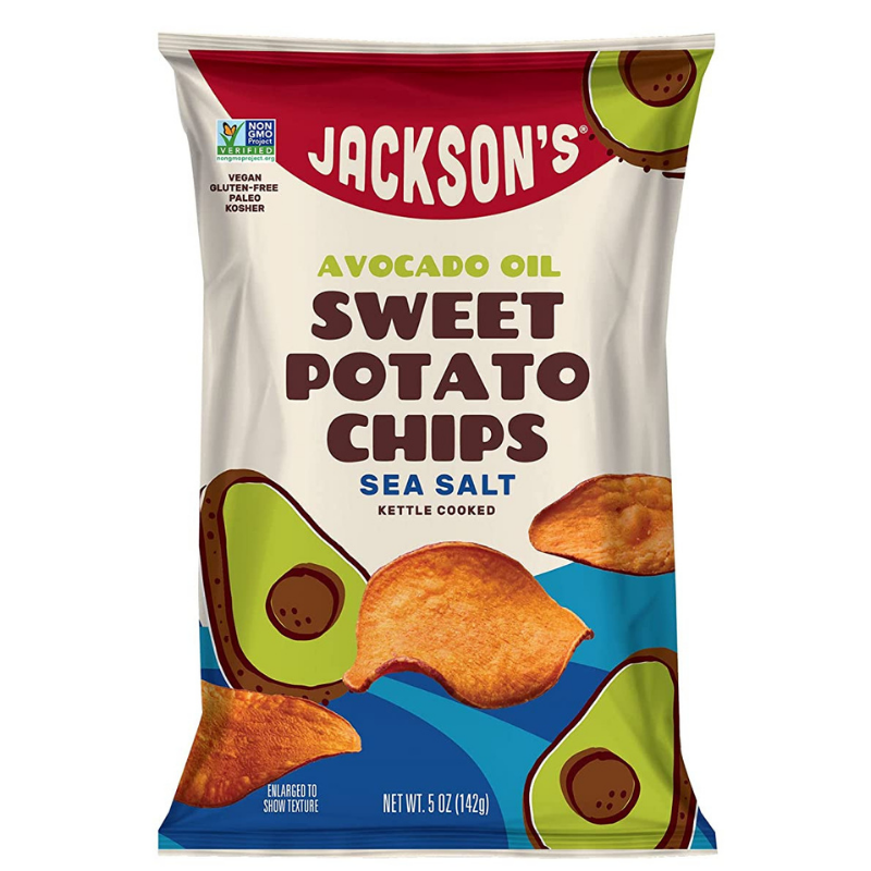Jackson's Avocado Oil Sweet Potato Chips 5-oz snack bag front label.