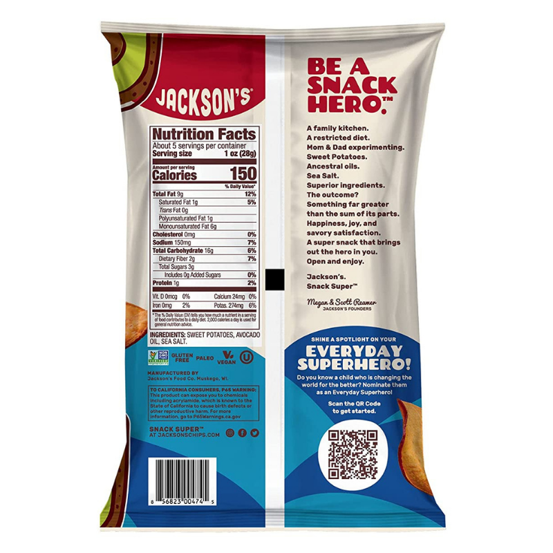 Jackson's Avocado Oil Sweet Potato Chips nutrition facts panel.