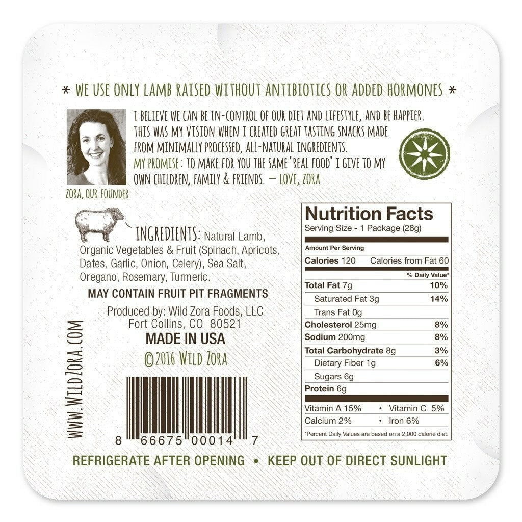 Back of Wild Zora Mediterranean Lamb Meat & Veggie Bar with nutrition facts, ingredients, and founder’s note.
