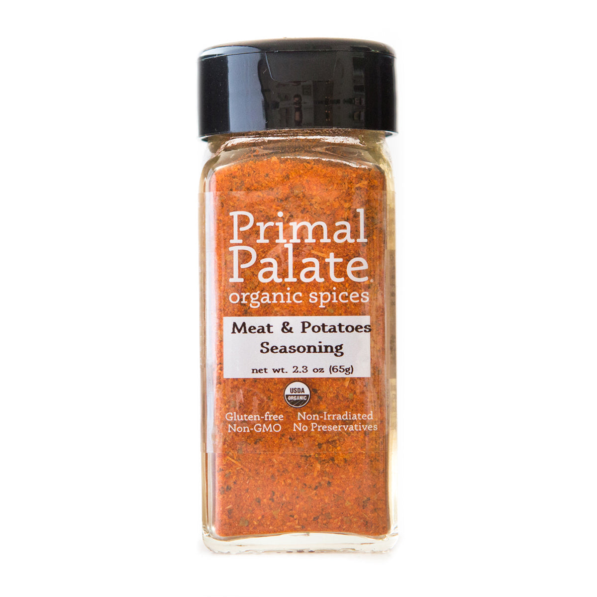 Primal Palate Meat & Potatoes Seasoning 2.3-oz jar front label organic meat seasoning.