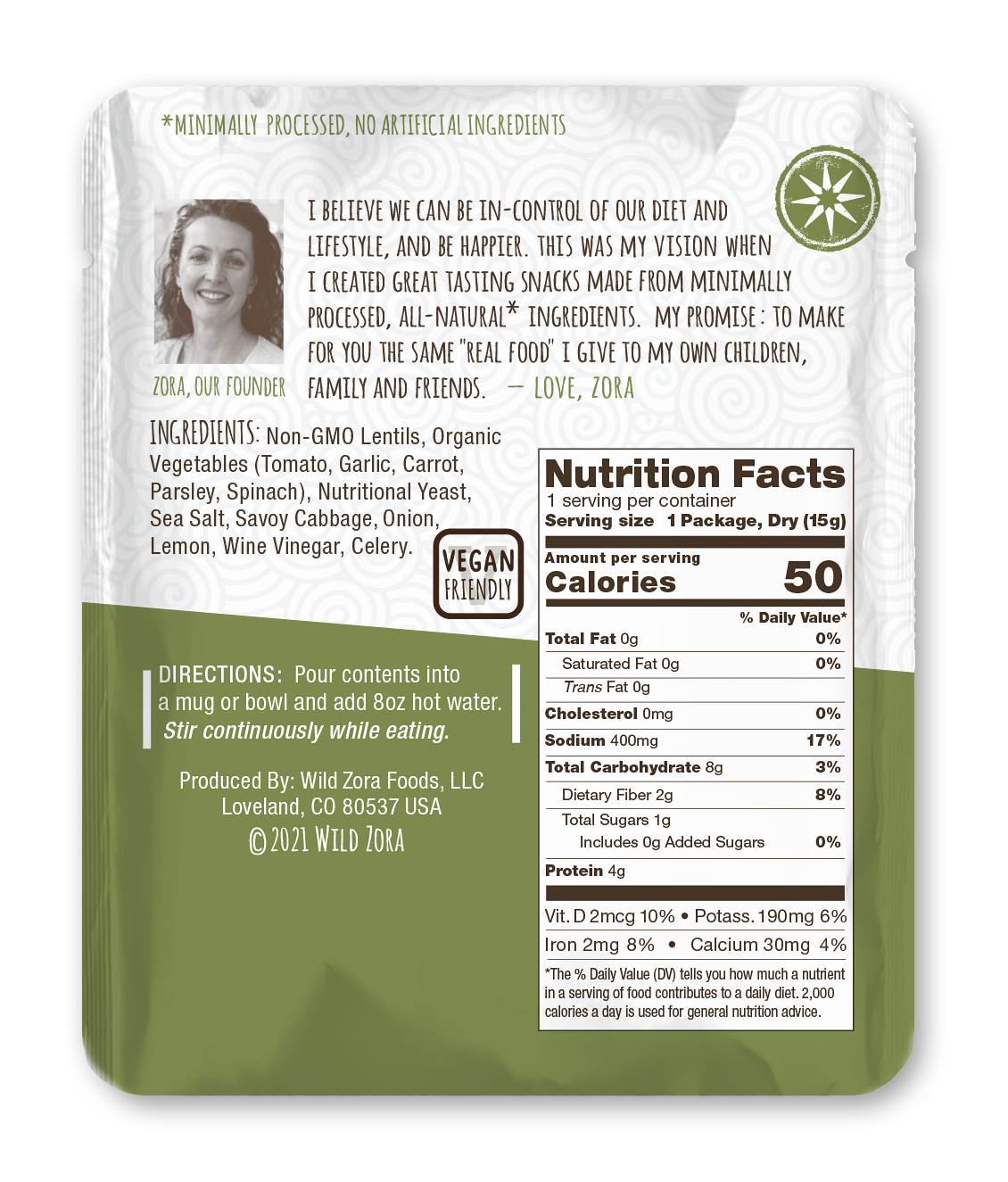 Wild Zora French Lentil Soup nutrition facts panel and rehydration instructions.
