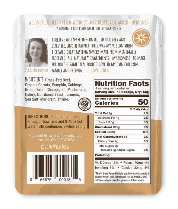 Wild Zora Mushroom Beef Instant Soup nutrition facts panel gluten free soup.