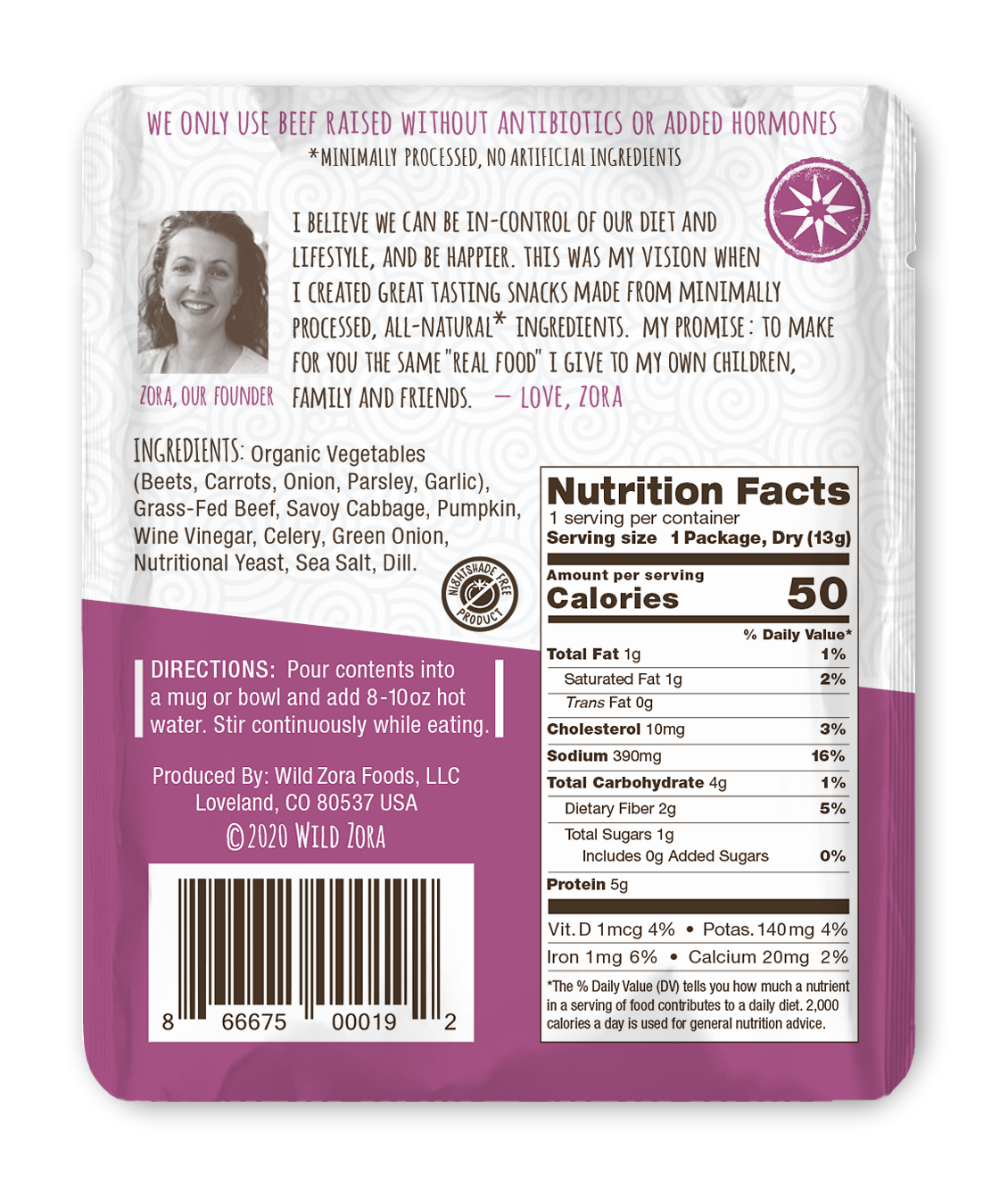 Savoy Beef Beets & Cabbage Instant Soup nutrition facts panel beef and vegetable soup.