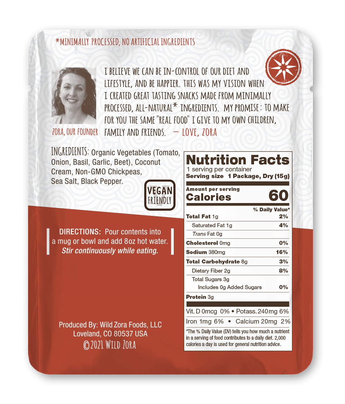 Tomato Basil Chickpea & Garlic Instant Soup nutrition facts panel vegan tomato soup.