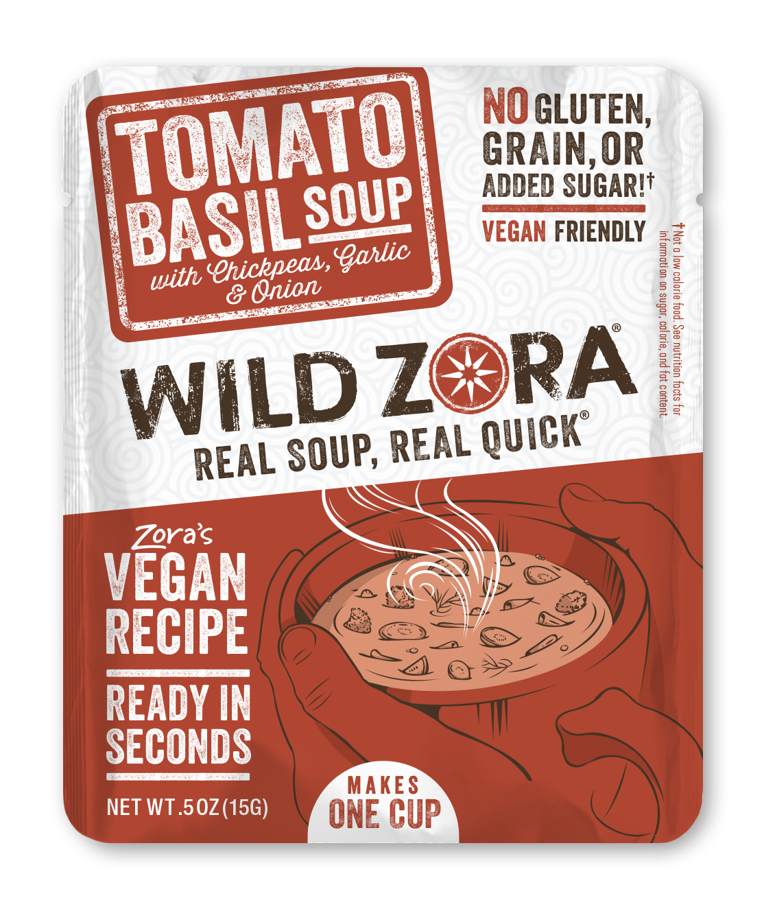 Wild Zora Tomato Basil Chickpea & Garlic Instant Soup 0.5 oz pouch front vegan tomato soup.