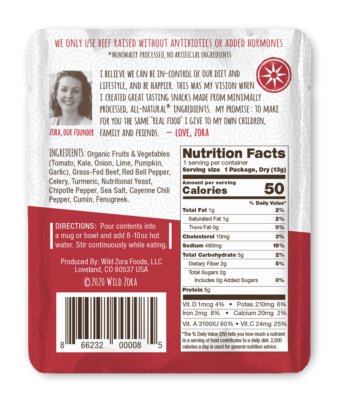 Wild Zora Picante Beef Soup nutrition facts panel and cooking directions.