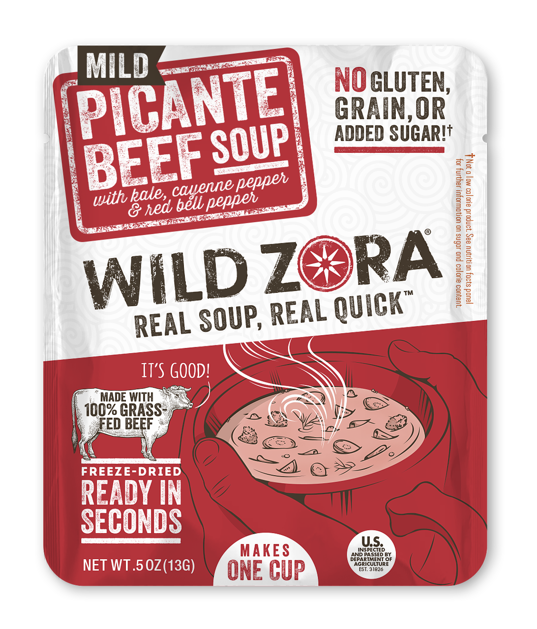 Wild Zora Mild Picante Beef Instant Soup 0.5 oz pouch front label grass-fed beef.