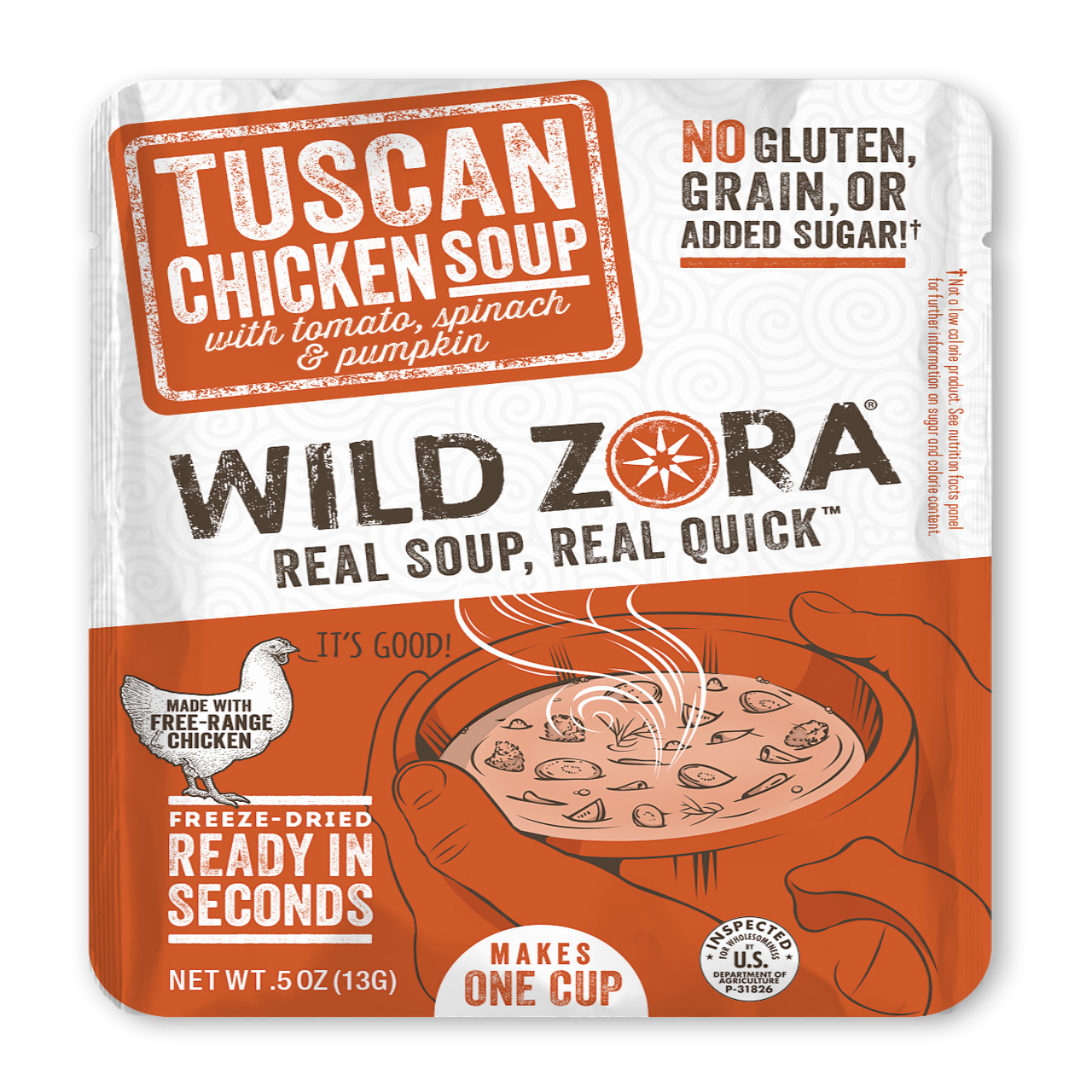 Wild Zora Tuscan Chicken Instant Soup Tomato Spinach Pumpkin 0.5 oz pouch front keto chicken soup.