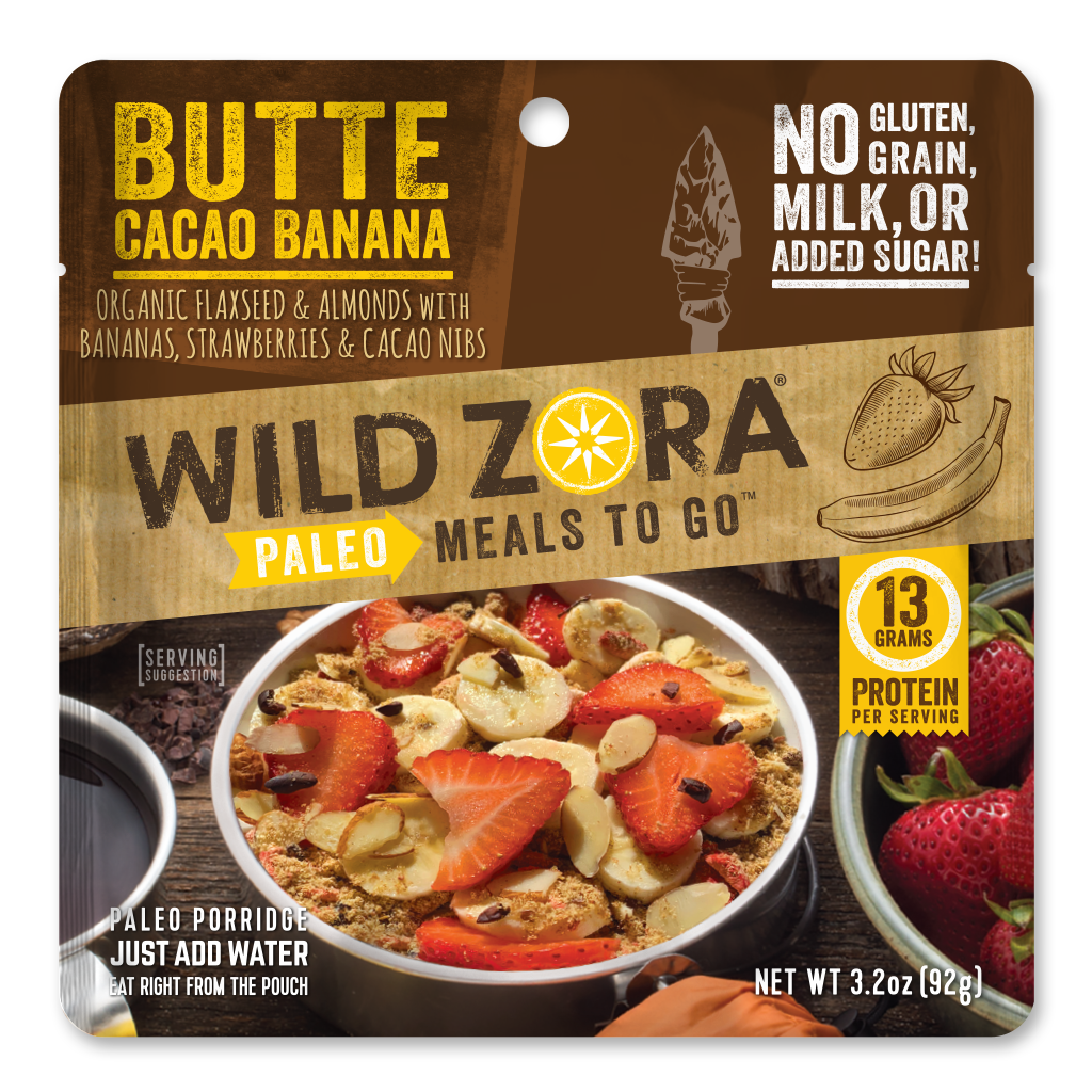 Wild Zora Butte Cacao Banana 3.2 oz freeze-dried meal pouch front label gluten free cereal.