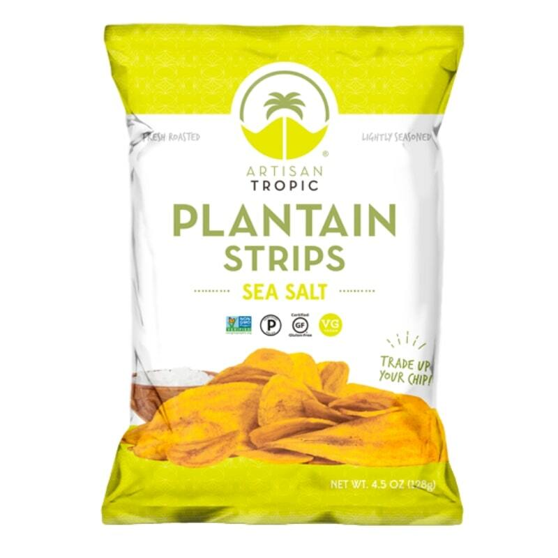 Artisan Tropic plantain strips sea salt 4.5-oz crunchy snack bag.