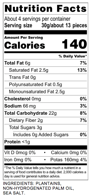Artisan Tropic plantain strips ingredient list and nutrition facts.