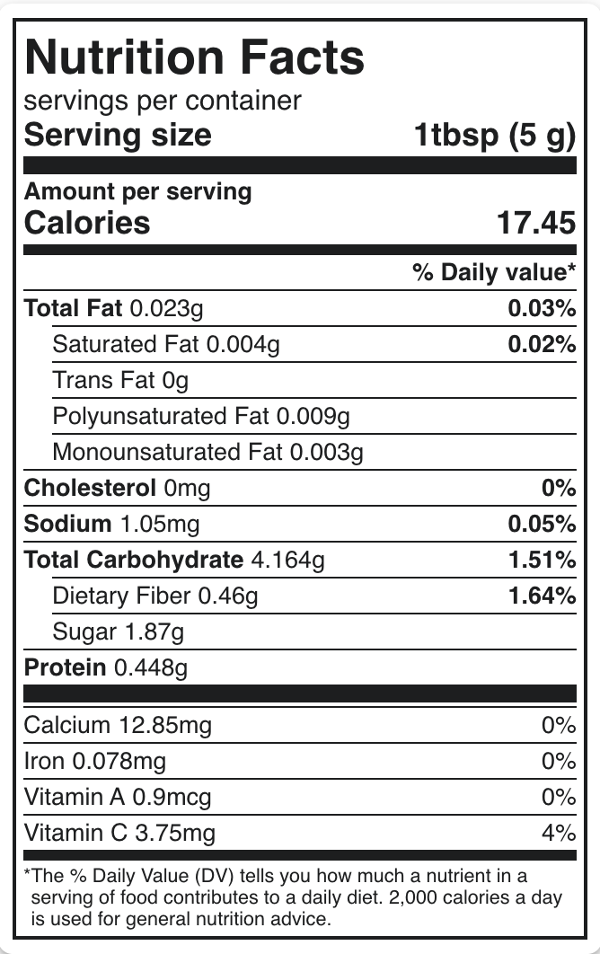 Simply Organic Minced Onion nutrition facts panel.