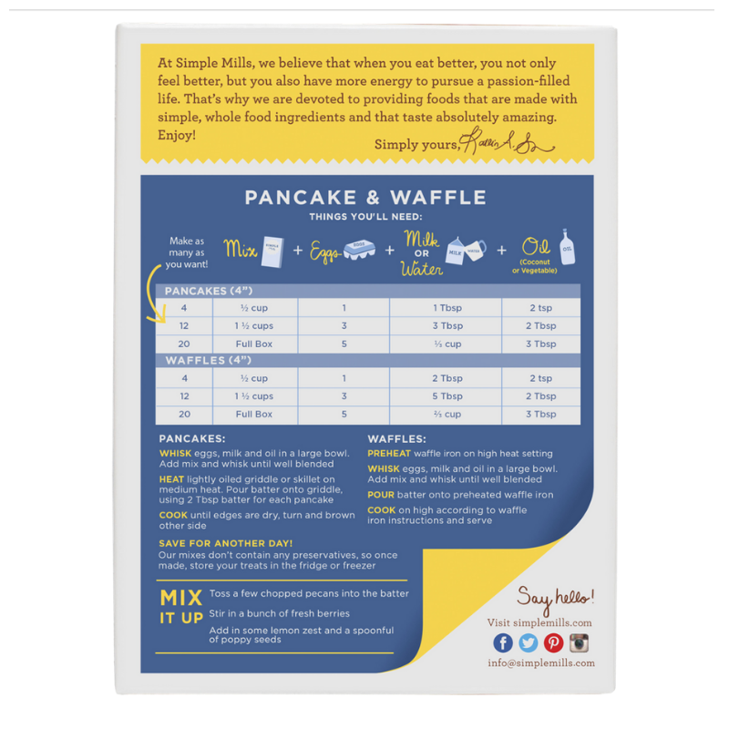 Simple Mills Pancake & Waffle Mix baking directions panel.