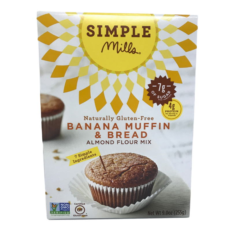 Simple Mills Banana Muffin & Bread Almond Flour Mix 9-oz box front cake mix banana muffins.