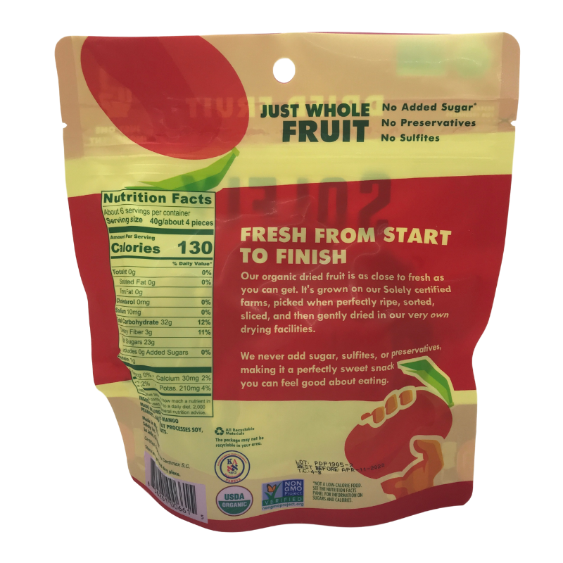 Solely Mango Halves dried fruit snacks nutrition facts panel.