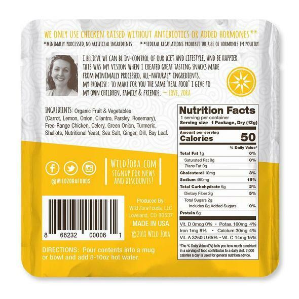 Back of Wild Zora Instant Soup Lemon Chicken with Carrots, Green Onion, & Dill 0.5 oz with nutrition facts, ingredients, and preparation instructions. AIP-friendly.