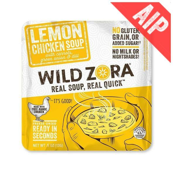 Wild Zora Instant Soup Lemon Chicken with Carrots, Green Onion, & Dill 0.5 oz. Freeze-dried and ready in seconds.