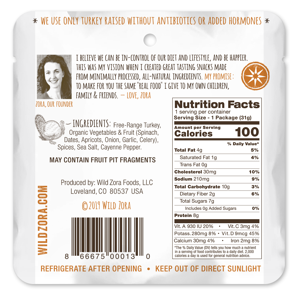 Back of Wild Zora Meat & Veggie Bar Curry Turkey 1.1 oz with nutrition facts, ingredients, and founder’s message.