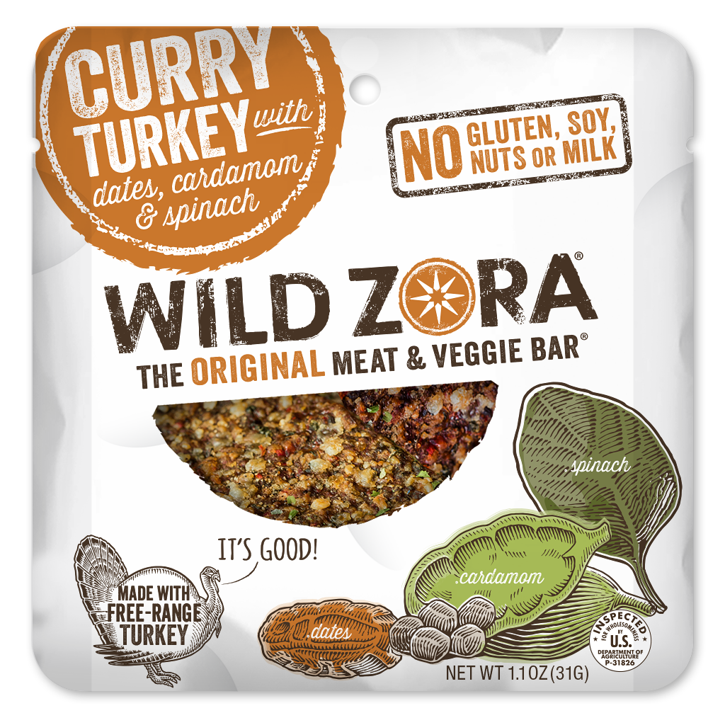 Wild Zora Curry Turkey Meat & Veggie Bar 1.1 oz wrapper front turkey protein snack.