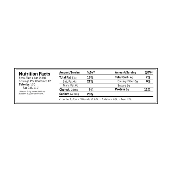EPIC Uncured Bacon + Pork Bar nutrition facts panel.