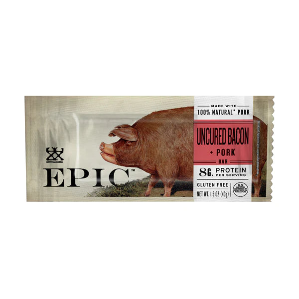 EPIC Uncured Bacon + Pork Bar 1.5-oz gluten free protein bar front.