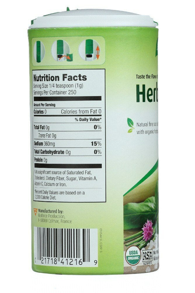 Herbamare kosher sea salt nutrition facts and ingredient list.