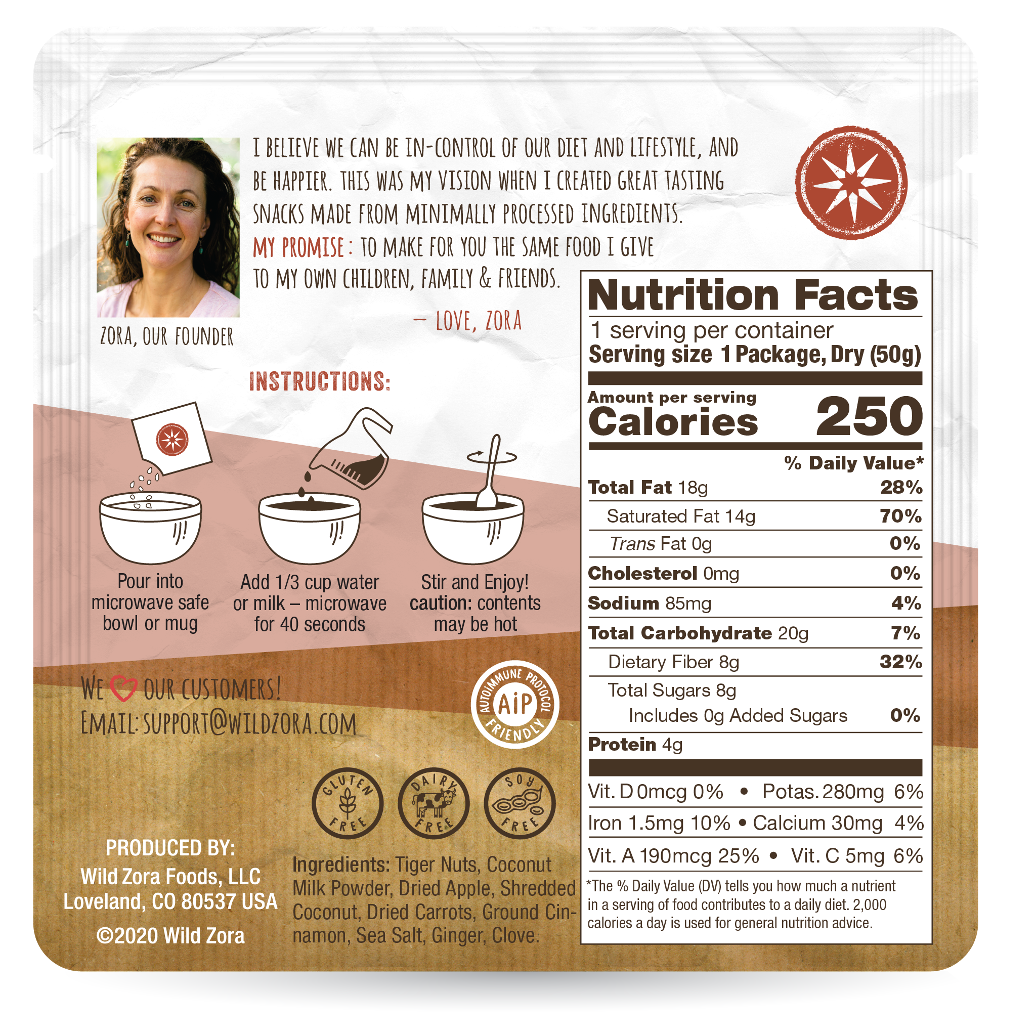 Back of Wild Zora Baked Instant Grain-Free Hot Cereal Baked Apple 1.8 oz with nutrition facts and preparation instructions.