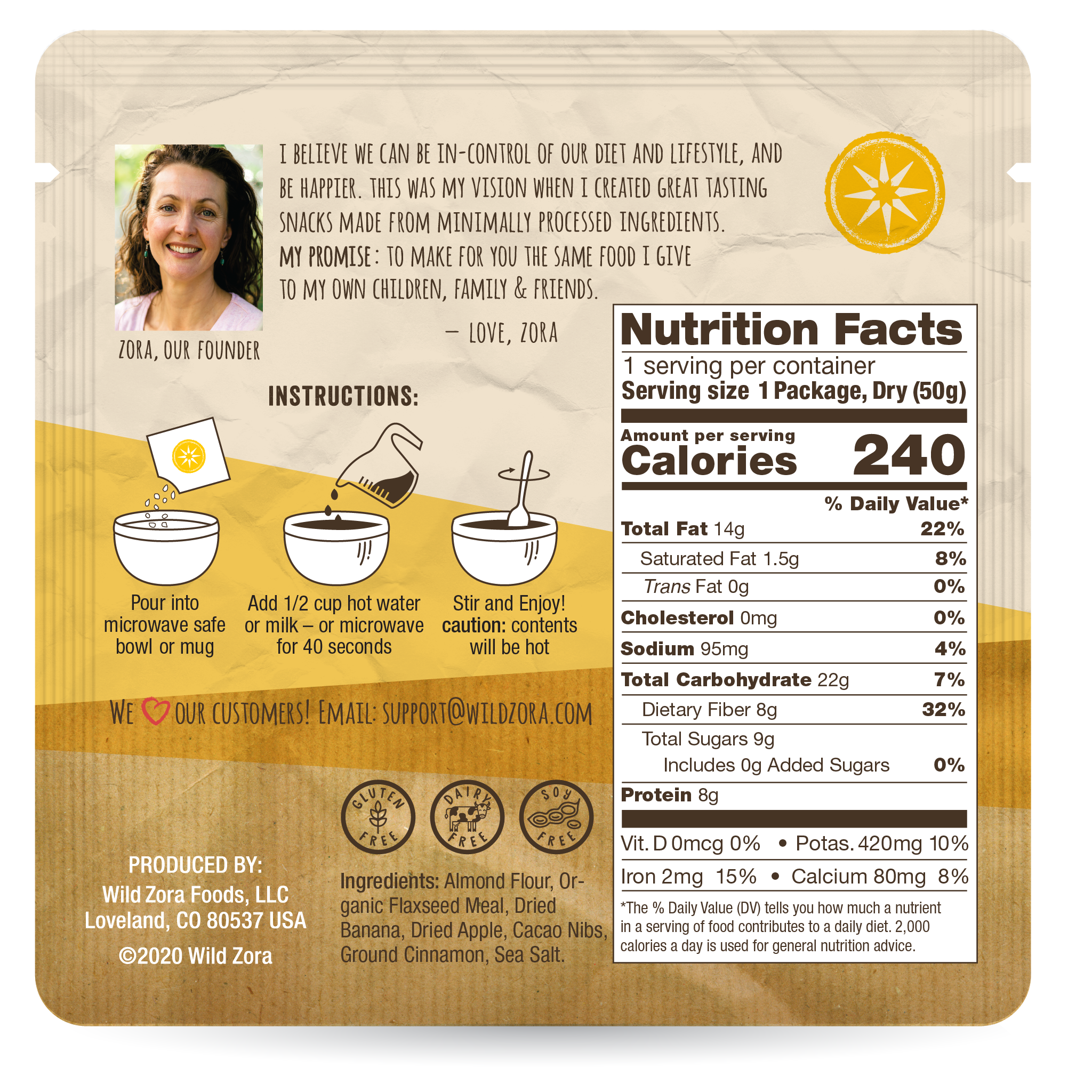 Wild Zora Banana Bread hot cereal nutrition facts panel and preparation directions.