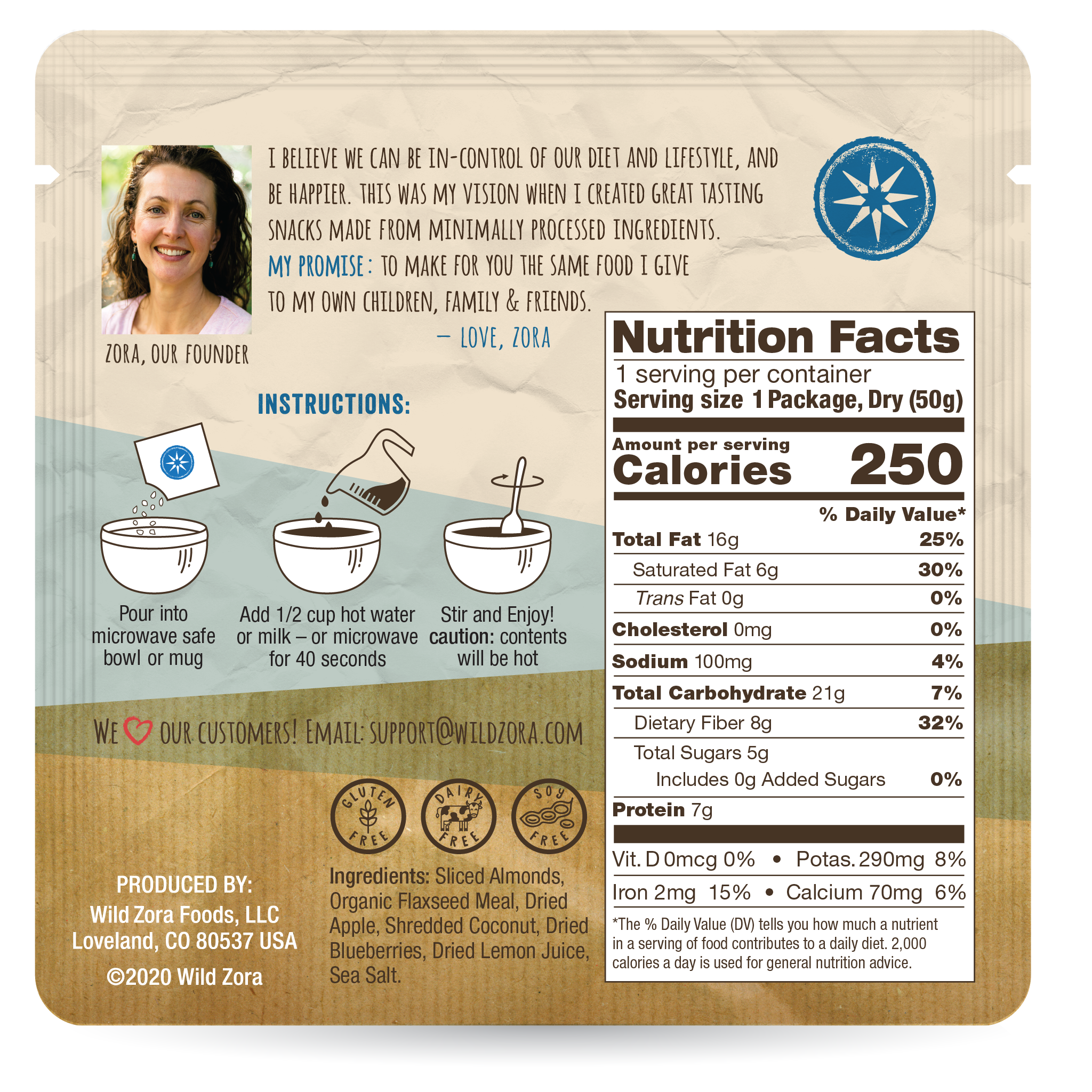 Wild Zora Blueberry Muffin hot cereal nutrition facts and prep directions.