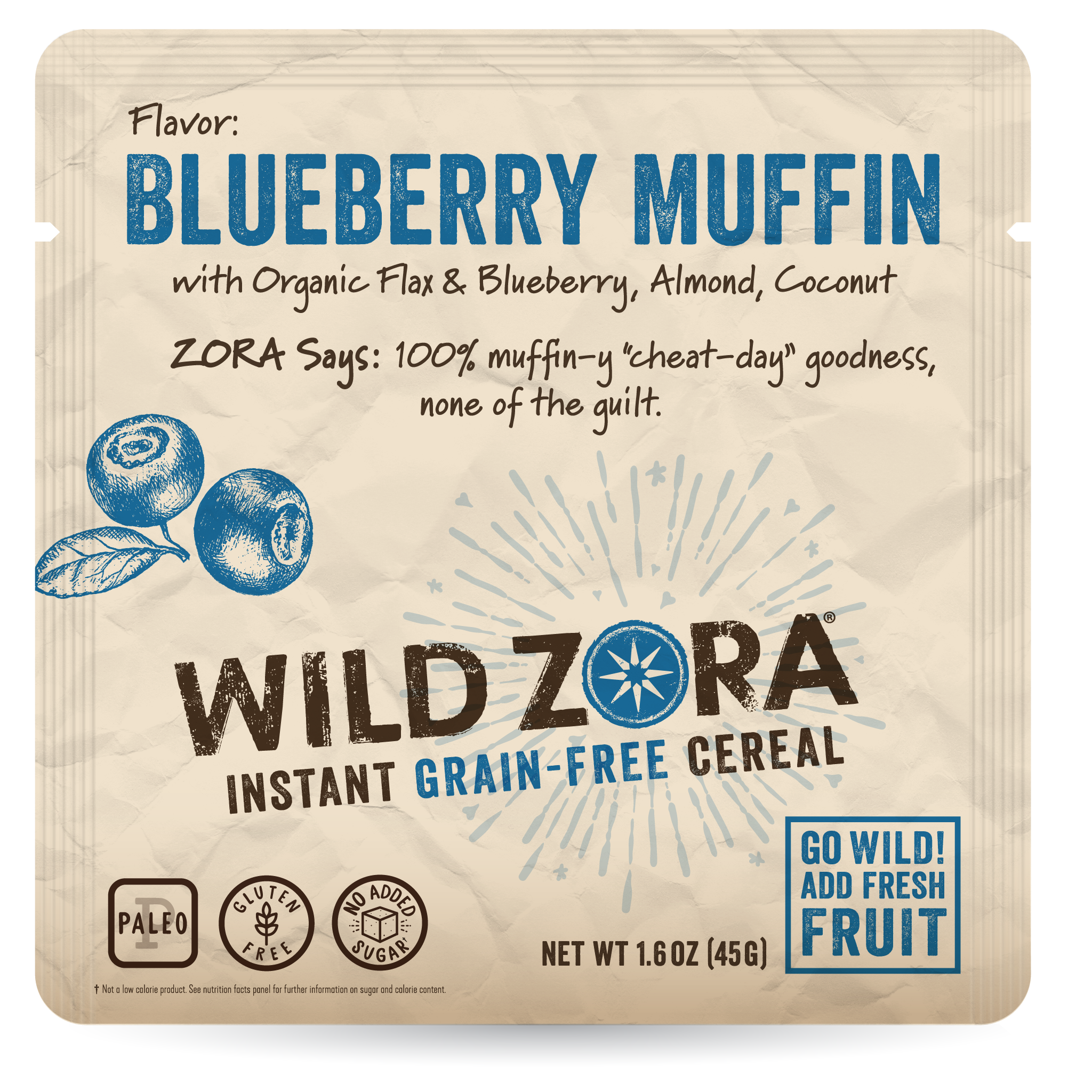 Wild Zora Blueberry Muffin grain-free hot cereal 1.6 oz pouch front label gluten free blueberry muffin flavor.